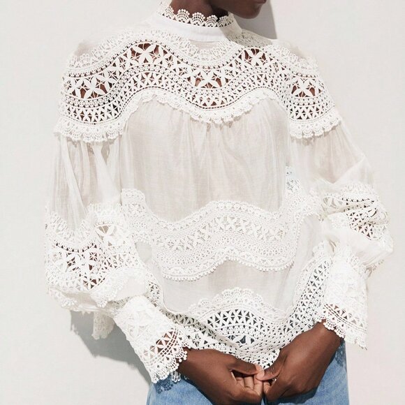 White Elegant Women's Patchwork Top - Picture 5 of 9